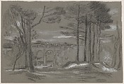 Landscape with Pines and Aqueduct, Arthur B. Davies (American, Utica, New York 1862–1928 Florence), Pastel on dark gray-green wove paper, American
