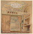 Design for Lyceum Theatre, New York, Louis C. Tiffany (American, New York 1848–1933 New York), Watercolor, pen and gold-colored bronze metallic ink, brown and black India ink, and graphite on tan-colored wove paper, American