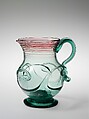 Pitcher, Redwood Glass Company American, Blown glass with applied decoration, American