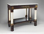 Pier table, Mahogany, marble, gilded wood, mirror glass, white pine apron, plinth, yellow poplar backboard, American