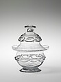 Sugar bowl, Thomas Cains, Blown glass with applied decoration, American
