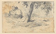 Boy and Girl Seated by Tree (from Scrapbook), John Singer Sargent (American, Florence 1856–1925 London), Graphite on off-white wove paper, American