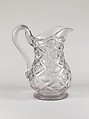 Water pitcher, Pressed glass, diamond thumbprint, American