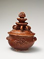 Sugar bowl, Attributed to John Nice (1785–1867), Earthenware; Redware with slip decoration, American
