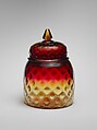 Covered jar, New England Glass Company American, Blown Amberina glass, American
