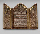 The Institution of the Eucharist at the Last Supper with St. Peter and St. Paul, Feathers and colored paper on wood, gilt wood frame, Mexican