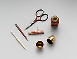 Sewing Kit, Leather, velvet, other fabrics,glass, paper, wood, brass, ivory, steel, silk, American