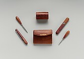 Sewing Kit, Leather, velvet, other fabrics,glass, paper, wood, brass, ivory, steel, silk, American