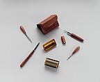 Sewing Kit, Leather, velvet, other fabrics,glass, paper, wood, brass, ivory, steel, silk, American