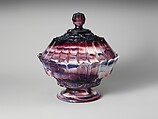 Purple marble glass covered bowl, Challinor, Taylor and Company  American, Pressed purple marble glass, American