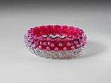 Hobnail Sauce Dish, Hobbs, Brockunier and Company American, Pressed colorless, cranberry and opalescent glass, American