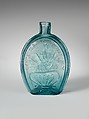 Pint flask, Lancaster Glass Works (1849–ca. 1881), Free-blown molded aquamarine glass, American