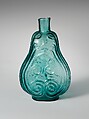 Scroll flask, Free-blown molded aquamarine glass, American