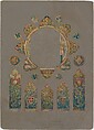 Design for a rose window with armorial motifs, Louis C. Tiffany (American, New York 1848–1933 New York), Watercolor, gouache, pen and red ink, and graphite on off-white lightweight Bristol board cut into shapes: five vertical lights; one large rosette; and eight circles mounted on original grey paper-faced matt, American