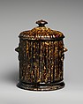 Covered Tobacco Jar, Lyman, Fenton & Co. (1849–52), Mottled brown earthenware, American