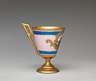 Continental footed porcelain cup, Delaware, Joseph S. Potter (1822–1904), Porcelain with pink ground banded in blue, silver, and gold, the silver banding picked out in black, American