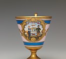 Continental footed porcelain cup, Delaware, Joseph S. Potter (1822–1904), Porcelain with pink ground banded in blue, silver, and gold, the silver banding picked out in black, American