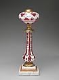 Fluid lamp, Boston & Sandwich Glass Company (American, 1825–1888, Sandwich, Massachusetts), Cut double overlay glass in pink and white with brass fittings and stepped marble base, American