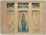 Design for “Woman in a Pergola with Wisteria” window, Louis C. Tiffany (American, New York 1848–1933 New York), Watercolor, pen and brown ink, and graphite on translucent paper adhered to artist board in original metallic gold window mat, American