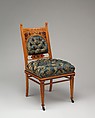 Side chair, George A. Schastey & Co. (American, New York, 1873–1897), Satinwood, purpleheart, brass castors, and reproduction upholstery, American