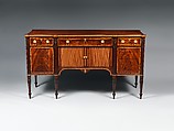 Sideboard Table, Attributed to Thomas Seymour (1771–1848), Primary: mahogany,mahogany and curly maple veneers, birch, holly (arch inlay) Causurina (she-oak) all light wood veneers and inlay, Sabicu (side veneer): secondary: soft maple (sides and sub-top), white pine (tops to end sections, backboard, drawer bottoms) cherry (drawer sides and back)., American