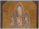 Adoration of the Magi, Louis C. Tiffany (American, New York 1848–1933 New York), Watercolor, gouache, pen and ink, and graphite on pebble finish matt board in original decorated matt with shaped tracery window openings, American