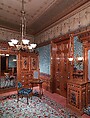 Architectural woodwork and paneling, George A. Schastey &amp; Co. (American, New York, 1873–1897), Satinwood, purpleheart, mother-of-pearl, silver-plated brass, mirrored glass, marble, and reproduction upholstery, American