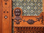 Architectural woodwork and paneling, George A. Schastey &amp; Co. (American, New York, 1873–1897), Satinwood, purpleheart, mother-of-pearl, silver-plated brass, mirrored glass, marble, and reproduction upholstery, American
