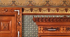 Architectural woodwork and paneling, George A. Schastey &amp; Co. (American, New York, 1873–1897), Satinwood, purpleheart, mother-of-pearl, silver-plated brass, mirrored glass, marble, and reproduction upholstery, American