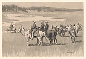 On the Head-Waters--Burgess Finding a Ford, Frederic Remington (American, Canton, New York 1861–1909 Ridgefield, Connecticut), Watercolor on paper, American
