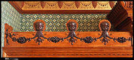 Architectural woodwork and paneling, George A. Schastey &amp; Co. (American, New York, 1873–1897), Satinwood, purpleheart, mother-of-pearl, silver-plated brass, mirrored glass, marble, and reproduction upholstery, American