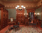 Architectural woodwork and paneling, George A. Schastey & Co. (American, New York, 1873–1897), Satinwood, purpleheart, mother-of-pearl, silver-plated brass, mirrored glass, marble, and reproduction upholstery, American