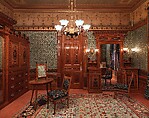 Architectural woodwork and paneling, George A. Schastey & Co. (American, New York, 1873–1897), Satinwood, purpleheart, mother-of-pearl, silver-plated brass, mirrored glass, marble, and reproduction upholstery, American