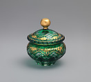 Powder box, New England Glass Company  American, Green cased over colorless lead glass; blown, cut and gilded, American