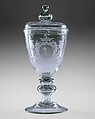 Covered goblet, New Bremen Glass Manufactory, Blown and engraved glass, American