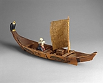 Canoe Model with sail, Wood, plant fiber, pigment, Kwakwaka’wakw (Kwakiutl)
