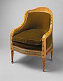 Armchair, Louis C. Tiffany (American, New York 1848–1933 New York), Prima vera, American ash (secondary wood); marquetry of various woods and brass; replacement upholstery, American