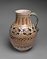 Jar with crolled handle and horizontal bands of floral polychrome motifs, Tin and lead glazed earthenware, Mexican