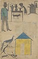 Kitchen Scene, Yellow House, Bill Traylor (American, Benton, Alabama 1853/54–1949 Montgomery, Alabama), Pencil and colored pencil on cardboard, American