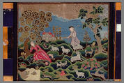Shepherd and Shepherdess, Ann Gardner (1755–1836), Linen embroidered with wool and silk threads; decorated
 with paper, American