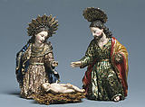 Mary (from a nativity), Wood, polychromed and gilded; glass eyes; metal halo, Ecuadoran