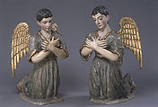 Kneeling angel (one of pair), Polychromed and gilded wood, stiffened polychromed cloth; hair and glass, Guatemalan