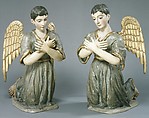 Kneeling angel (one of pair), Polychromed and gilded wood, stiffened polychromed cloth; hair and glass, Guatemalan