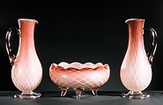 Bowl, Probably Stevens and Williams, Blown satin white and cranberry opaque and colorless glass, British