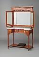 Dressing table, George A. Schastey &amp; Co. (American, New York, 1873–1897), Satinwood, purpleheart, white pine, marble, mother-of-pearl, silver-plated drawer pulls, brass, mirrored glass, and upholstered footrest with replaced velvet, American