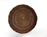 Open lattice-twined tray, Willow shoot foundation, sedge root weft, redbud shoot weft, coiled-on oak shoot rim rod, split willow rim wrap, Pomo (Mendocino County, California)