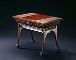 Worktable from the bedroom of the Worsham-Rockefeller House, George A. Schastey & Co. (American, New York, 1873–1897), Purpleheart, satinwood, walnut, mahogany, poplar, brass, pewter or lead, mother-of-pearl, glass, colored resin, and original and reproduction textiles, American