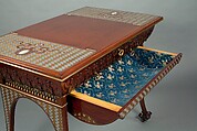 Worktable from the bedroom of the Worsham-Rockefeller House, George A. Schastey &amp; Co. (American, New York, 1873–1897), Purpleheart, satinwood, walnut, mahogany, poplar, brass, pewter or lead, mother-of-pearl, glass, colored resin, and original and reproduction textiles, American