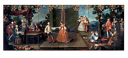 Folding Screen with Fête Galante and Musicians (Biombo con fiesta galante y músicos), Miguel Cabrera (Atribuido a Miguel Cabrera) Mexican, Oil on canvas (Óleo sobre lienzo), Mexican