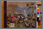 Shepherd and Shepherdess, Ann Gardner (1755–1836), Linen embroidered with wool and silk threads; decorated
 with paper, American